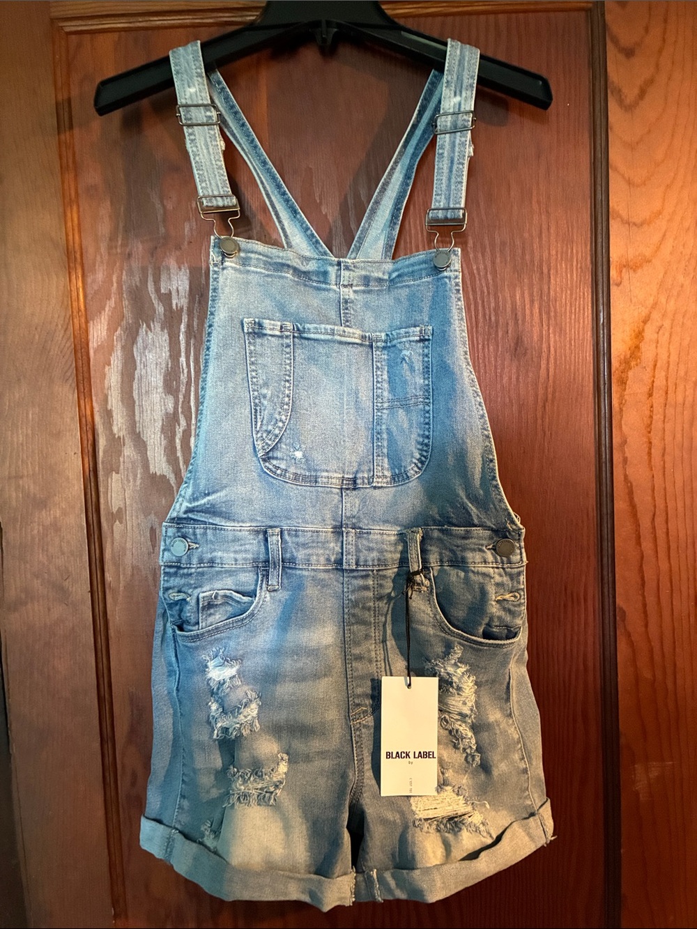 Black Label Light Blue Distressed Denim Short Overalls